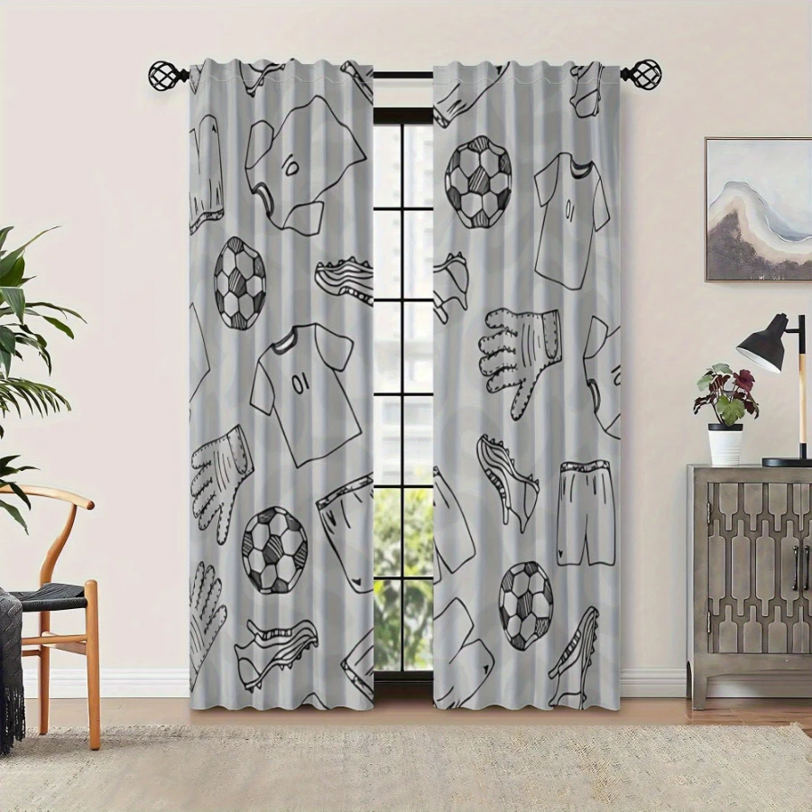 Sports Equipment In French - 2PCS Digital Printed Curtains, Black White